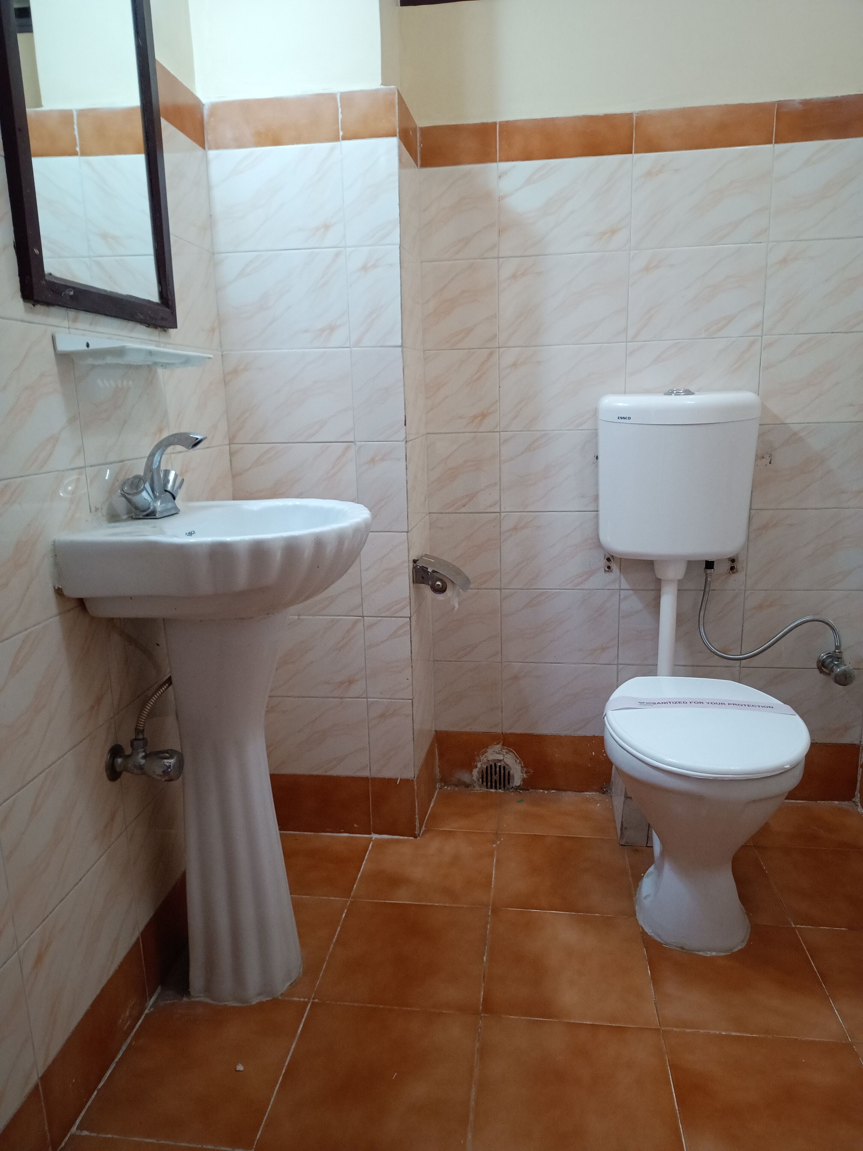 A bathroom with a pedestal sink, toilet, and a mirror on the wall.