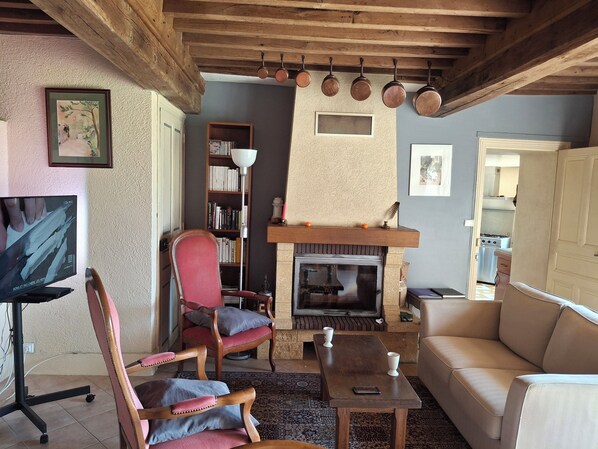 A cozy living room with a fireplace, a bookshelf, and a television.