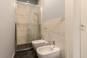 Shower, hair dryer, bidet, towels