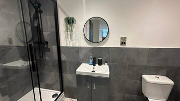 Un baño moderno con ducha de vidrio, un lavamanos blanco con un espejo encima y un inodoro.