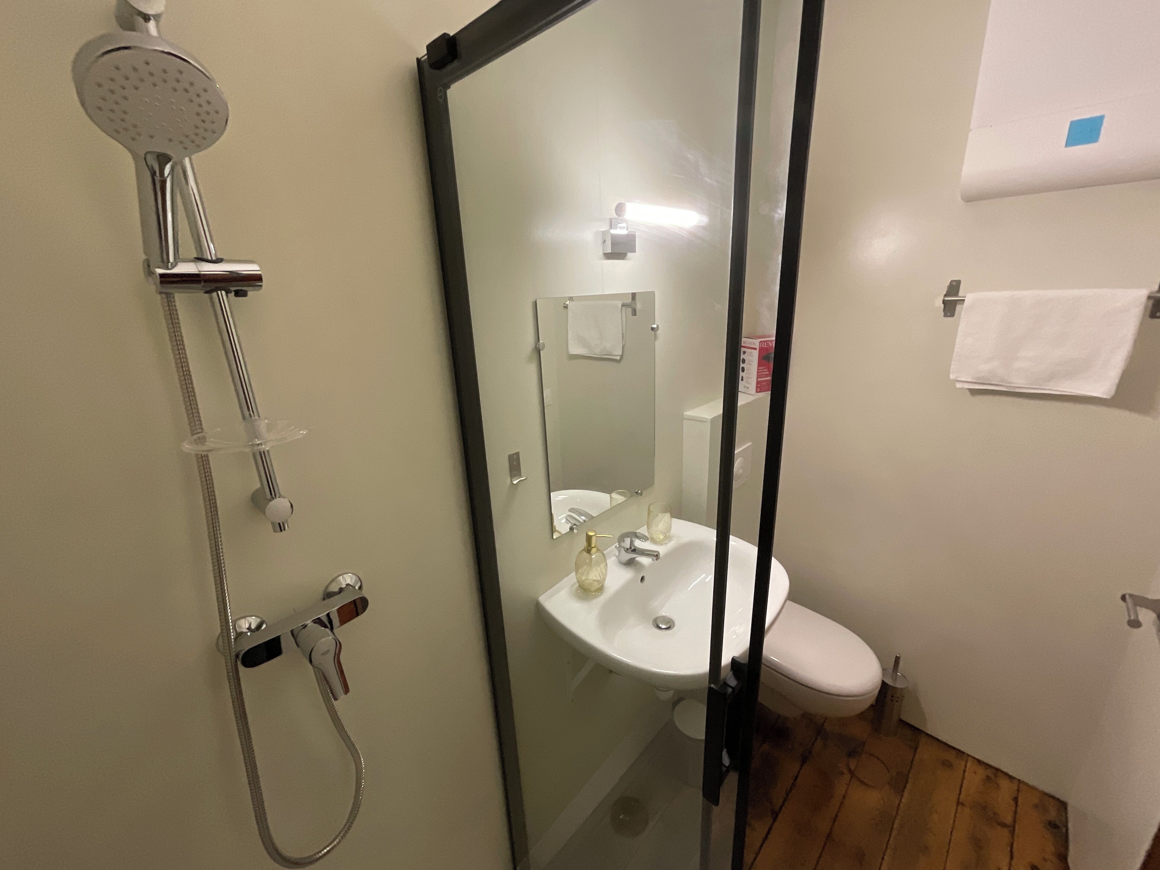 Et badeværelse med en brusekabine med glaslåge, en hvid vask og et toilet.