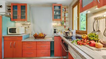 Family Apartment, Multiple Bedrooms, 2 Bathrooms, Mountainside (Casa Andy 2 Val Lavizzara) | Private kitchen | Fridge, microwave, oven, stovetop