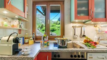 Family Apartment, Multiple Bedrooms, 2 Bathrooms, Mountainside (Casa Andy 1 Val Lavizzara) | Private kitchen | Fridge, microwave, oven, stovetop