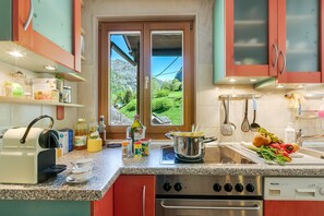 Family Apartment, Multiple Bedrooms, 2 Bathrooms, Mountainside (Casa Andy 1 Val Lavizzara) | Private kitchen | Fridge, microwave, oven, stovetop - Casa Andy 1 Val Lavizzara (Lavizzara)