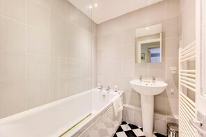 Hair dryer, bidet, towels, soap