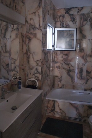 Hair dryer, towels, toilet paper