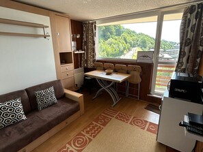 A compact living space with a sofa, a dining table with chairs, a kitchenette, and a view of a green landscape.