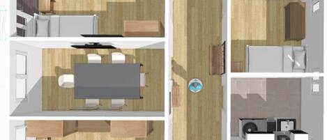 Un interior moderno con zona de comedor, cocina y una piscina pequeña.