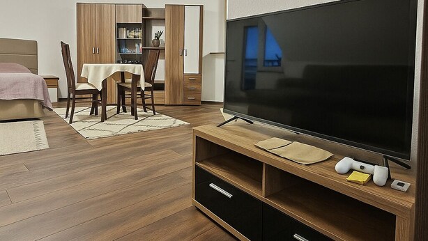 En moderne stue med et stort fladskærms-tv på et træstel, et spiseområde med bord og stole, og en garderobe med skydedøre.