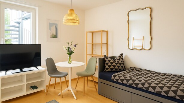 A modern bedroom with a TV, two chairs, a small table with a vase, a bed with patterned bedding, a large mirror, and a bookshelf. - StayINN - Leipzig, BSS25a (Leipzig)