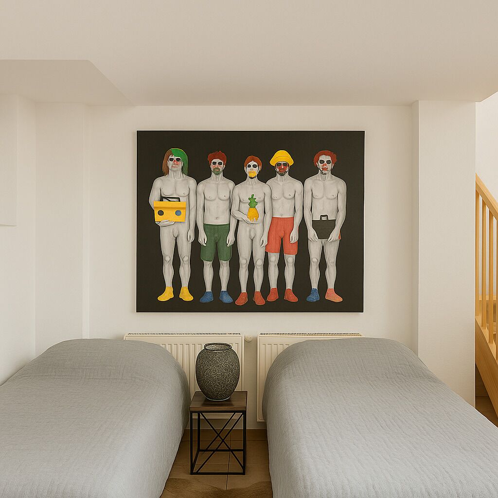 Une pièce avec deux lits, un grand tableau représentant cinq personnages, une petite table avec un vase et un radiateur.