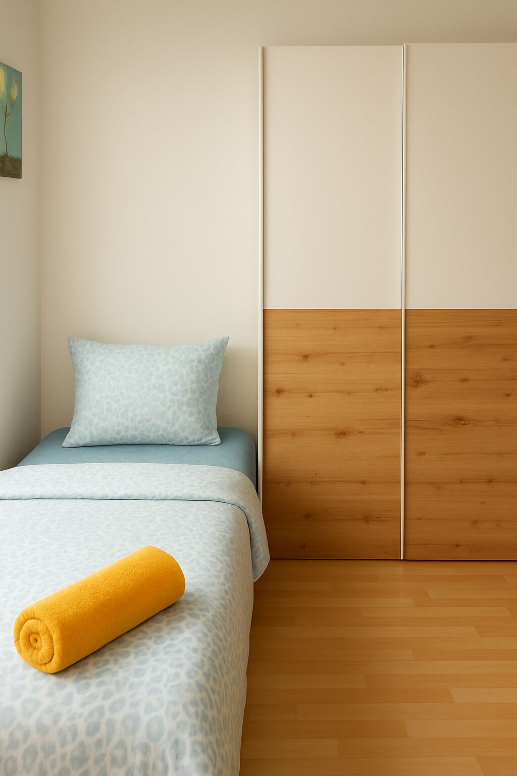 Un dormitorio con una cama, cabecera de madera, almohada azul y una toalla amarilla enrollada.