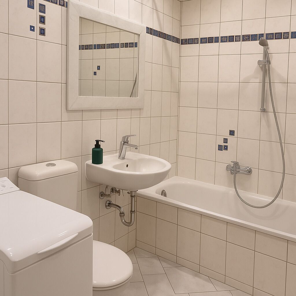 Een badkamer met toilet, wastafel en bad.