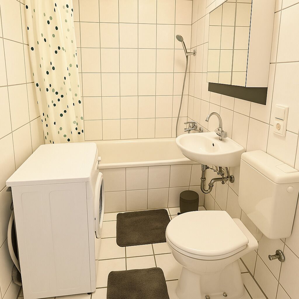 A small bathroom with a toilet, sink, shower, and a washing machine.
