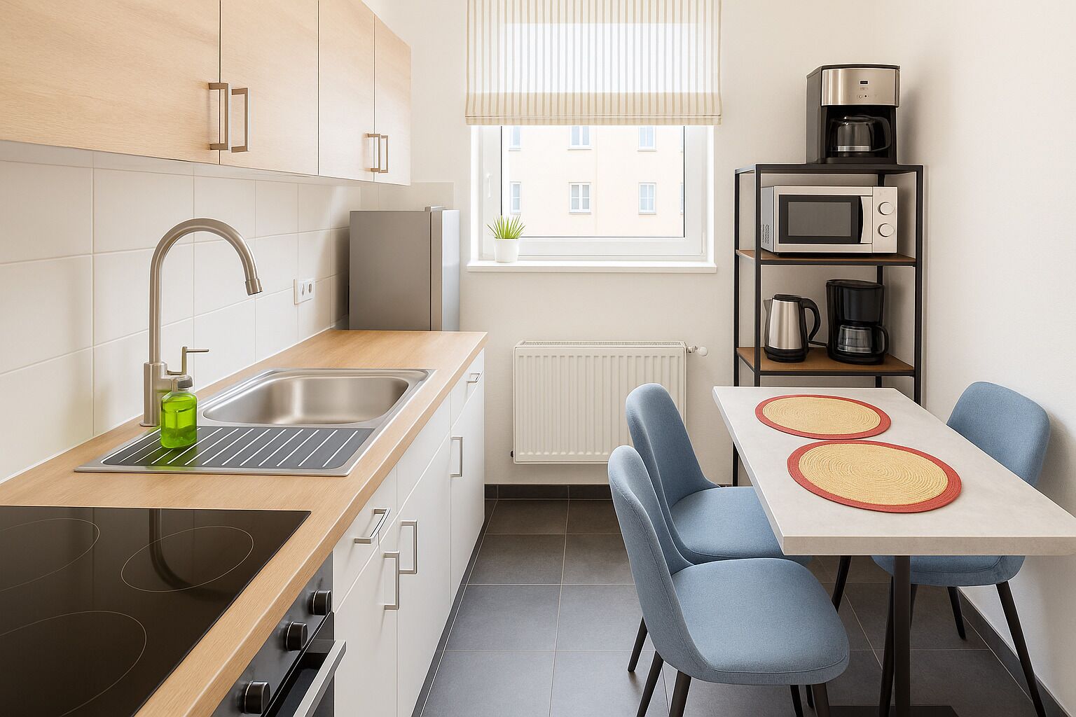 Wasserkocher mit Kaffee-/Teezubehör, Kühlschrank, Mikrowelle, Ofen