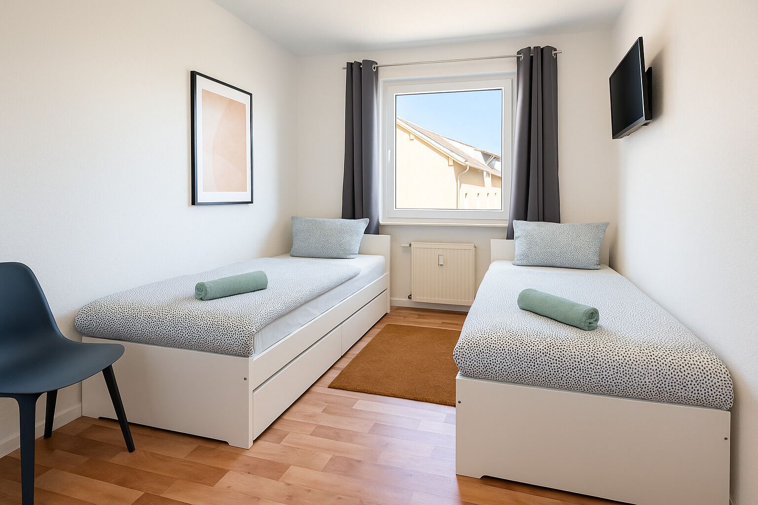 Ein kleiner, moderner Raum mit zwei Einzelbetten, einem Sessel, einem Fernseher und einem Fenster mit Vorhängen.