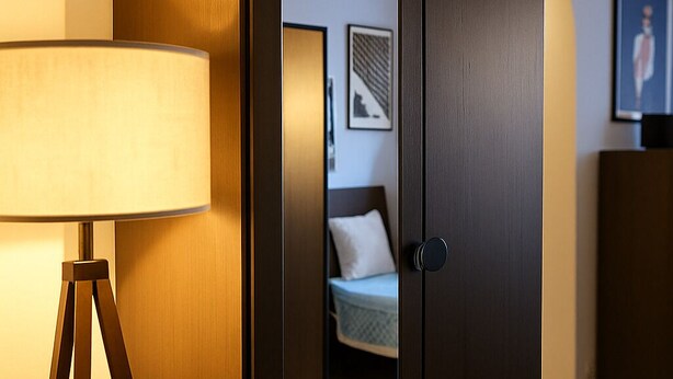 A room with a wooden wardrobe, a floor lamp, a bed with a blue blanket, and a framed picture on the wall. - House Delitzsch Holzstraße - 8 beds, parking lot (Delitzsch)