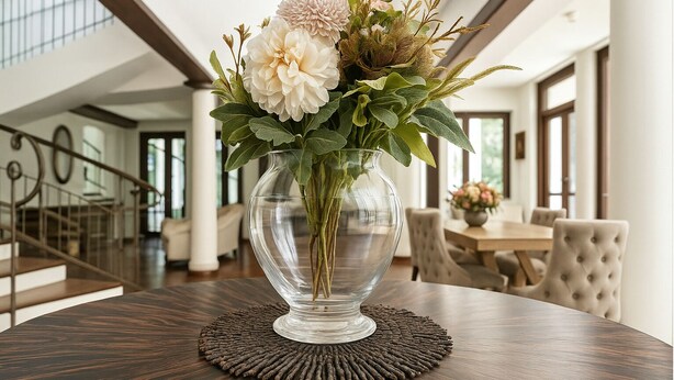 A clear glass vase with flowers on a wooden table in a spacious room with a staircase and large windows. - Colonial type 4-bedroom villa in Colombo with WiFi, AC (Colombo)