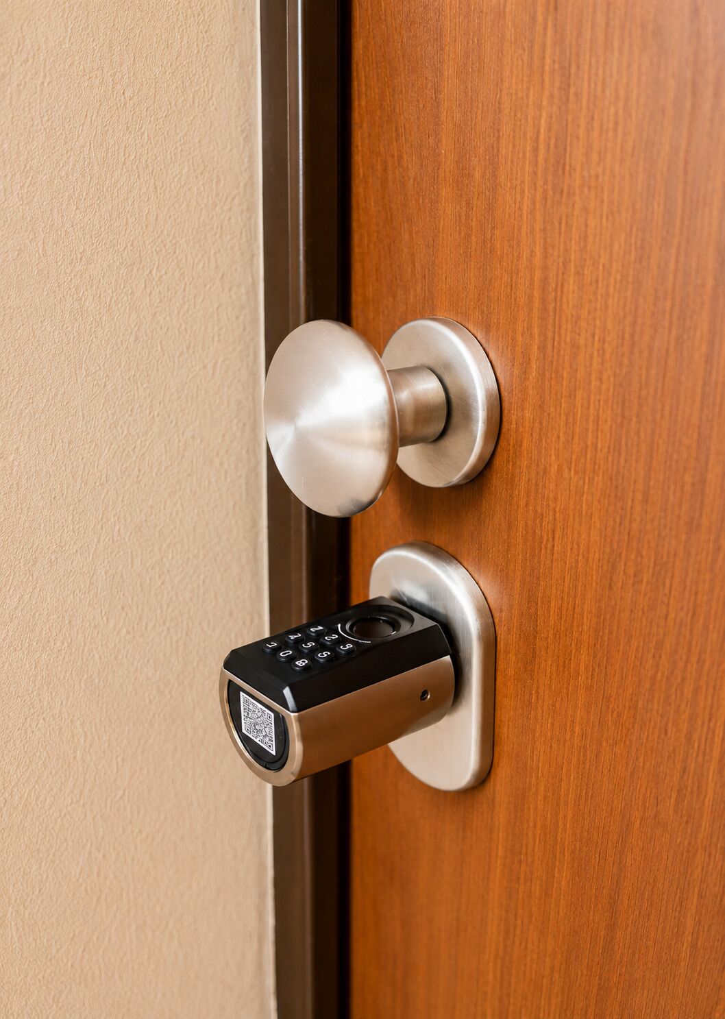 A door with a modern electronic lock and a round, metallic handle.