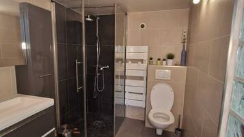 Shower, towels, soap, toilet paper