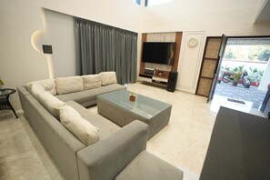 TV, lareira, biblioteca musical, aparelho de som