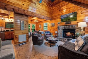 TV connectée, cheminée, livres