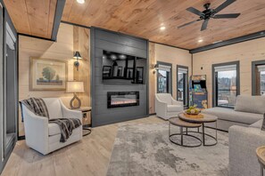 TV, fireplace, video games, DVD player