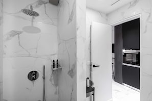 Shower, hair dryer, towels, shampoo