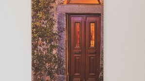 Un muro de piedra rústico con una puerta de madera y una planta en maceta.