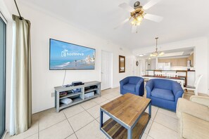 Signature Condo, 2 Bedrooms, Balcony, Beachside | Living room | 49-inch Smart TV with cable channels - Crystal Tower 1506 (Gulf Shores)