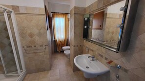 Shower, hair dryer, bidet, towels