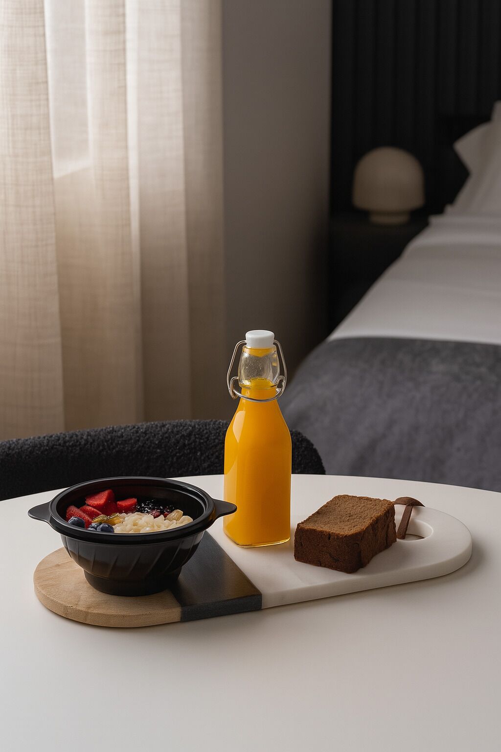 Un plateau contenant un bol de céréales, une bouteille de jus d’orange et une tranche de pain, préparé pour le petit-déjeuner.