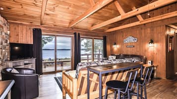 Smart TV, fireplace, books