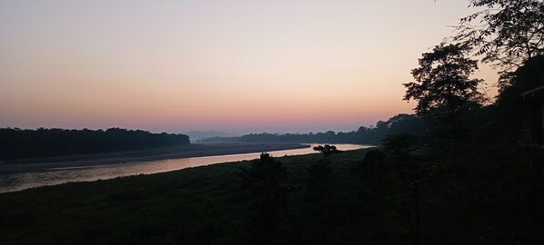 A river with a calm water surface, surrounded by grassy banks and trees. - Ghumtee Riviera (Bharatpur)
