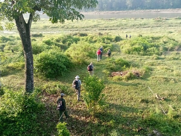 A group of people hiking in a grassy area with trees and a body of water in the background. - Ghumtee Riviera (Bharatpur)