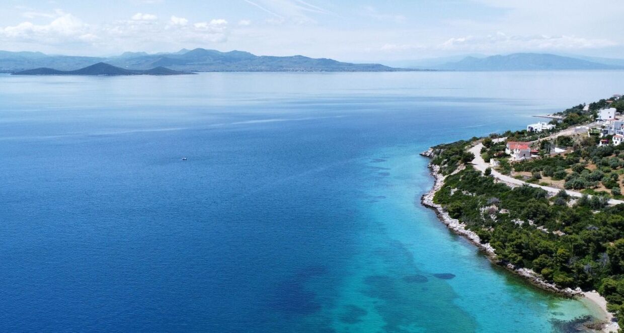 An aerial view of a coastal area with a clear blue sea, a narrow beach, and a path leading through a wooded area.