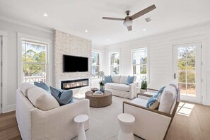 Smart TV, fireplace, books