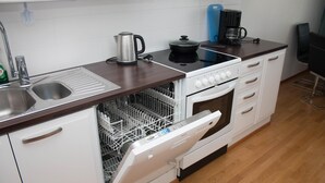 A compact kitchen with a dishwasher, stove, and sink. - Kotimaailma Deluxe Apartment Lake View (Lahti)