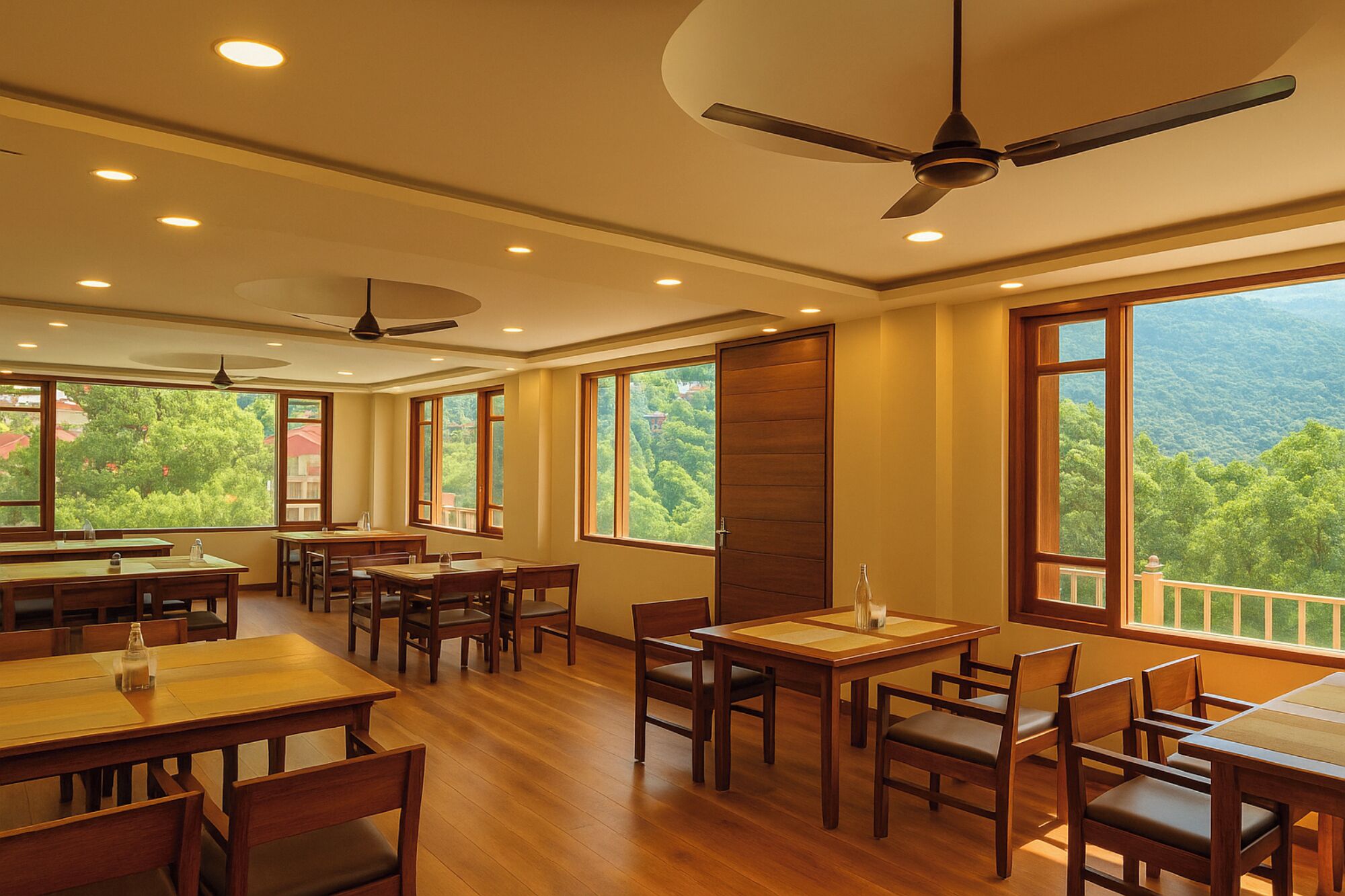 A spacious dining area with multiple wooden tables and chairs, large windows offering a view of a forested landscape, and ceiling fans.