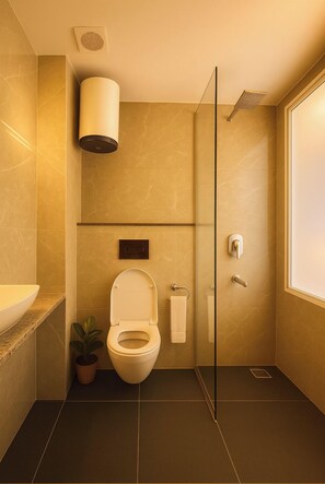 Shower, free toiletries, towels, soap