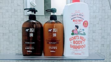 Hair dryer, towels, soap, toilet paper