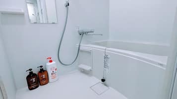 Hair dryer, towels, soap, toilet paper