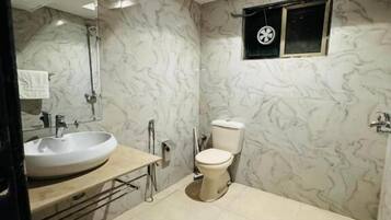 Shower, bathrobes, slippers, towels