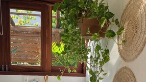 A kitchen with a wooden window, a hanging plant, and woven wall decorations.