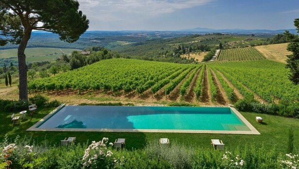 A pool surrounded by a vineyard with rows of grapevines and a view of the countryside. - New Historic Tuscany Country House Retreat in a Vineyard Near Siena Villa Chiantissimo (Castelnuovo Berardenga)