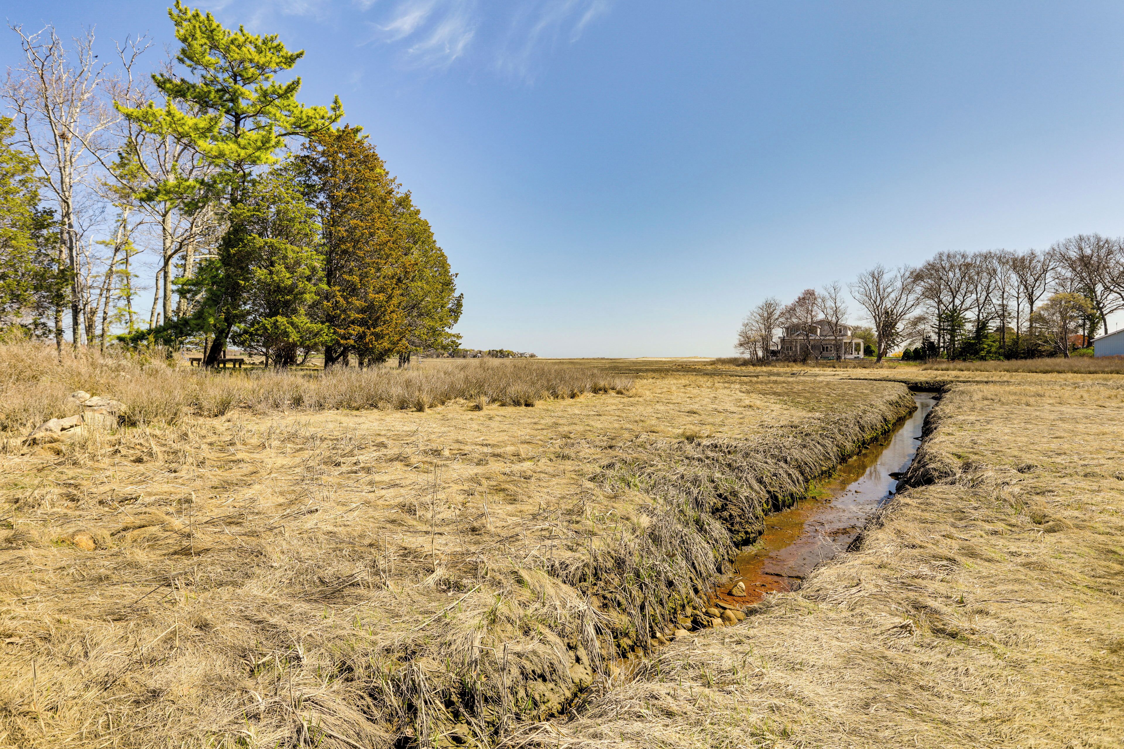 Ländliche Landschaft mit einem schmalen Wasserlauf, trockenem Gras und Bäumen.