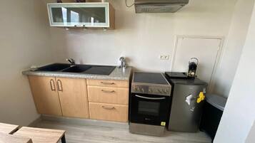 A compact kitchen with a double sink, a built-in oven, and a refrigerator.
