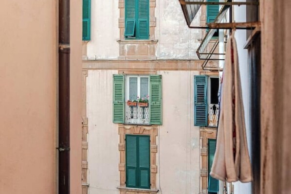 A narrow street with buildings featuring green shutters and a balcony with a potted plant.