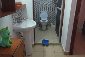 Shower, towels, soap, toilet paper