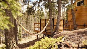 A wooden cabin surrounded by trees, with a hammock and a wooden deck. - Aspen Hideway · Mountain Modern log Cabin Deck + Hot Tub (Florissant)
